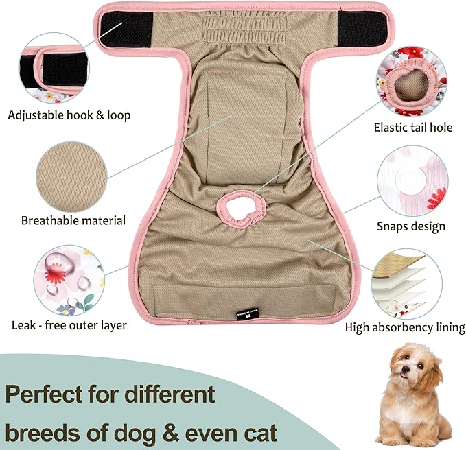 Washable Female Dog Diapers (3 Pack) - No Leak Reusable Diapers for Doggy Female in Period - Highly Absorbent Dog Heat Panties with Adjustable Snaps S