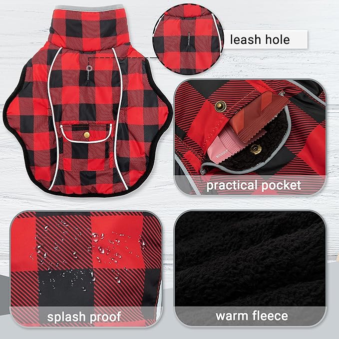Dog Winter Coat - Warm Dog Clothes for Rain Snow Wind Cold Weather - Reflective Plaid Adjustable Windproof Pet Vest Jacket with Leash Hole for Small Medium Large Dogs Indoor Outdoor