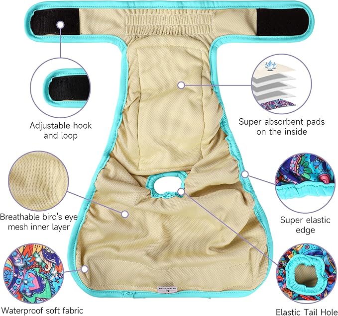 Washable Female Dog Diapers (4 Pack+1 Suspenders), Reusable Female Girl Doggy Doggie Puppy Wraps Panties Belly Band for Pet Heat Period Pooping Peeing Potty Training Incontinence Marking Large