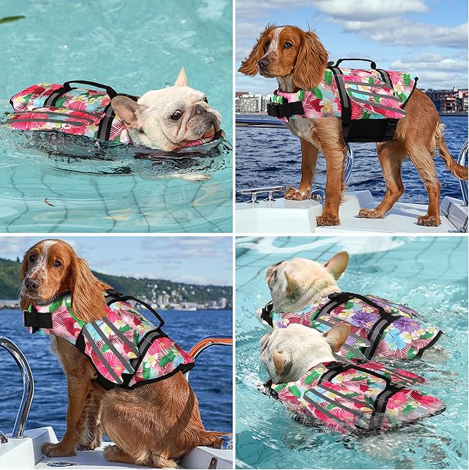 Dog Life Jacket, Wings Pet Life Vest for Swimming Boating Reflective Dog Flotation Swim Vest with Handle and Chin Float for Small Medium Large Size Dogs, S, Floral Pink
