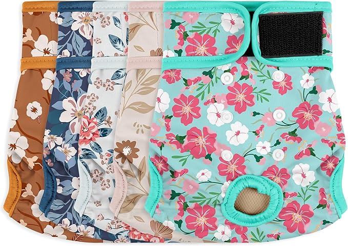 Female Dog Diapers 5Pcs - Premium Reusable Diapers for Doggie in Heat - Highly Absorbent Dog Diapers Female for Pet Incontinence with Adjustable Snaps, Breenish Lily Flower, L