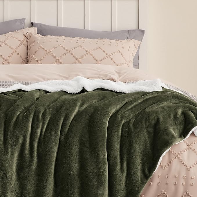 Bedsure GentleSoft Sherpa Fleece Throw Blanket for Couch, Non-Heated, Thick and Warm Throw for Women and Men, Soft Fuzzy Plush Blanket for Winter, Olive Green, 50x60 Inches
