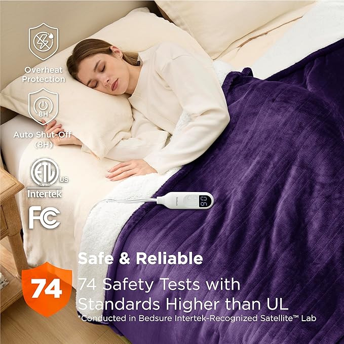 Bedsure Electric Blanket Twin - Soft Flannel Heated Blanket Twin Size, Fast Heating with 6 Time Settings (Up to 10H) & 6 Heat Settings, Warm Gift for Grandma (62x84 inches, Purple)