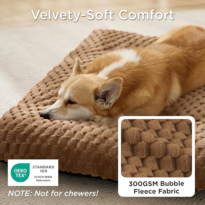 Bedsure Washable Dog Bed for Crate Large Sized Dog, Soft Fluffy Bubble Fleece Pet Bed Mat for Deep Sleep, Non-Slip and Machine Washable Kennel Sleeping Pad for Large Dogs, 35"x23"x3.5", Camel Brown