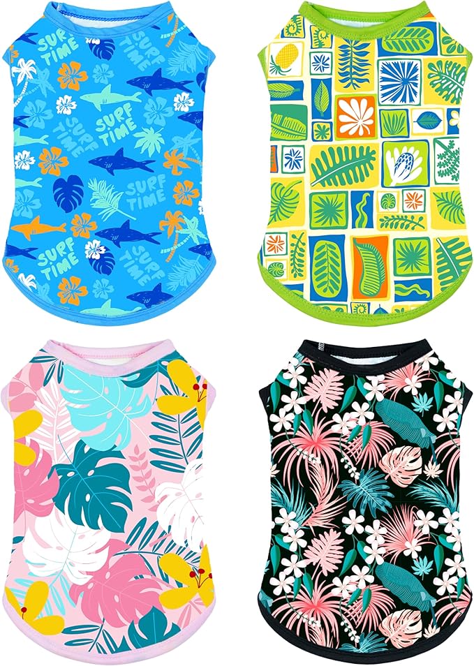 PET SHOW 4 Pack Dog Hawaiian Shirts for Small Medium Dogs UPF 50+ UV Sun Protection Summer Cool Clothes Tank Top Floral Puppy Cats T-Shirts Pet Holiday Party Sleeveless Vest Boy Girl(Medium)