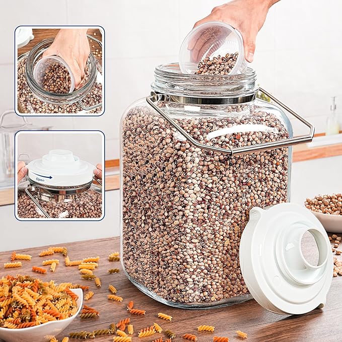 5 Gallon Glass Jar with Airtight Lid, Square Wide Mouth Storage Jar with Stainless Steel Handle, Glass Jug with Cup for Terrarium, Storage, Dog Treats, Mead Making