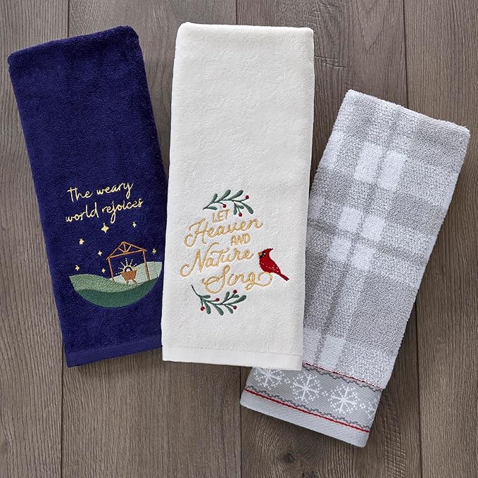 SKL Home Christmas/Winter Heaven & Nature Sing Hand Towel 2pc Set for Bath/Kitchen/Bar & Gift, Natural