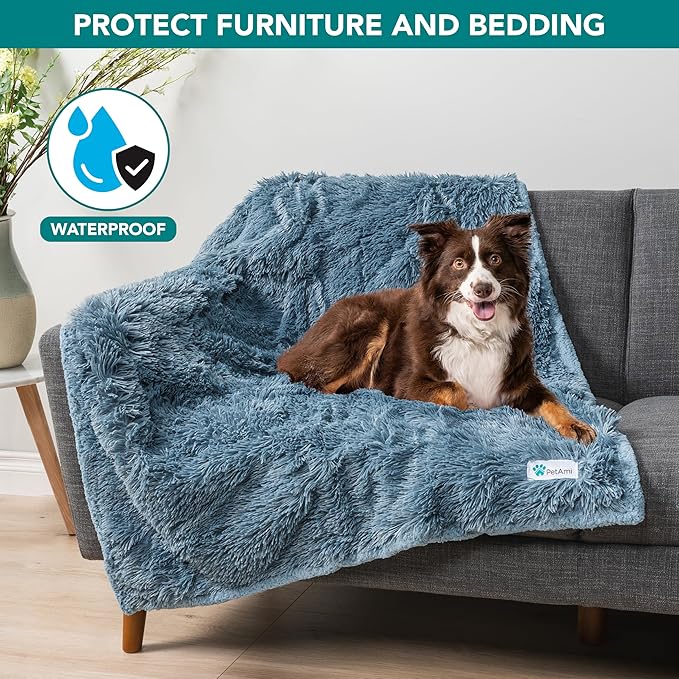 PetAmi Waterproof Dog Blanket for Large Dog, Calming Pet Blanket Bed Couch Cover Protector, Washable Sherpa Faux Fur Throw for Sofa Furniture Protection, Soft Fluffy 60x80 Light Blue