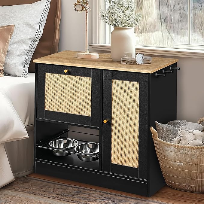Pet Feeder Station with 2 Lockers, Dog Feeding Station Dog Food Toy Storage Cabinet Storage Container with 2 Pull Out Bowls, Adjustable Panel, Side Hooks, Rattan Door, Black (33.1" Lx14.6 Wx29.6 H)
