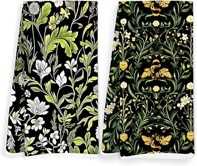 Vintage Moody Floral Bee Kitchen Towels, Dark Cottagecore Botanical Dish Tea Towels for Kitchen Decor, Dark Academia Green Plant Bee Hand Towels for Bathroom Decor, 16x24 Inch Set of 2
