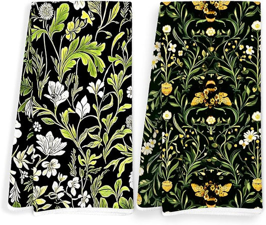 Vintage Moody Floral Bee Kitchen Towels, Dark Cottagecore Botanical Dish Tea Towels for Kitchen Decor, Dark Academia Green Plant Bee Hand Towels for Bathroom Decor, 16x24 Inch Set of 2