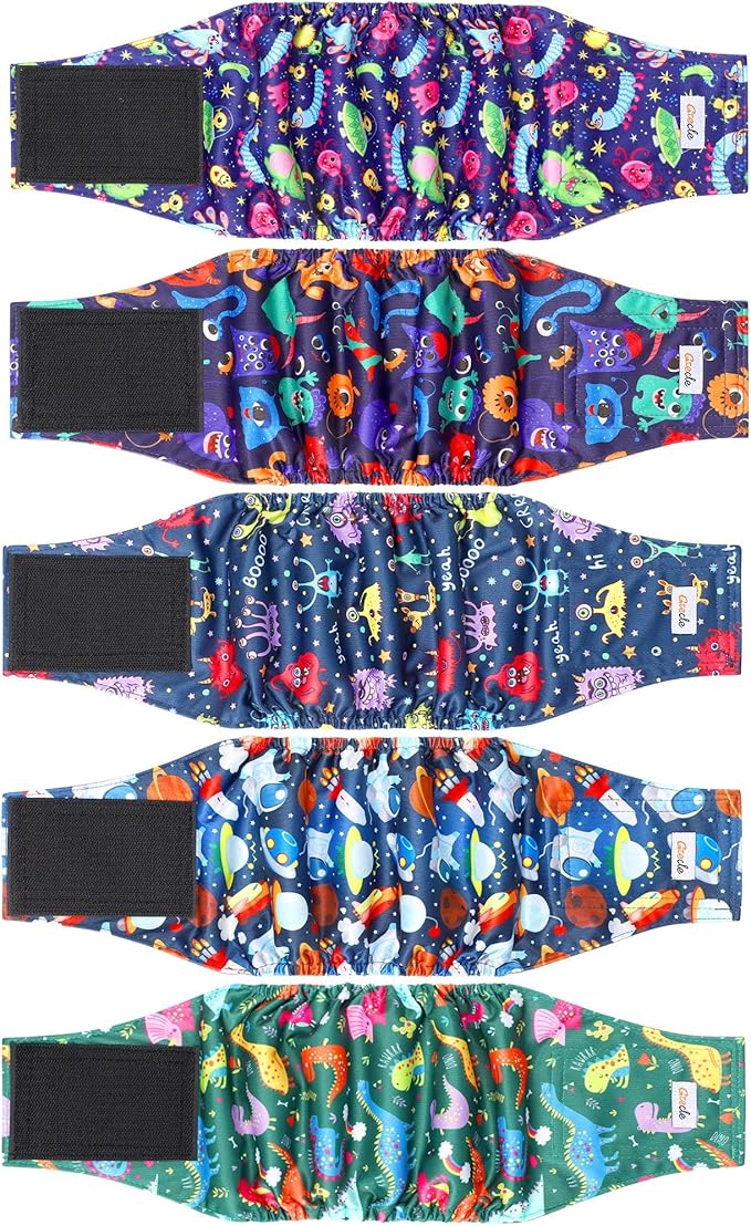 5 Pack Dog Diapers Male Reusable, Premium Belly Bands for Dogs, High Absorbing Male Dog Pee Wraps for Doggie in Incontinence or Excitable Urination and Training Cartoon XXL