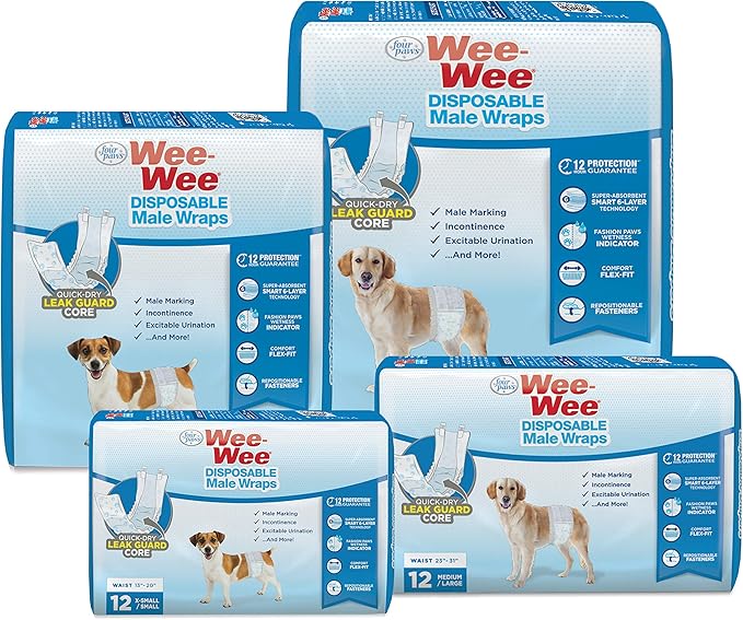 Four Paws Wee-Wee Super Absorbent Disposable Adjustable Dog Potty Training Male Wraps Diapers, Leak-Proof Protection for Puppies and Small Dogs, Extra Small, 36 Count
