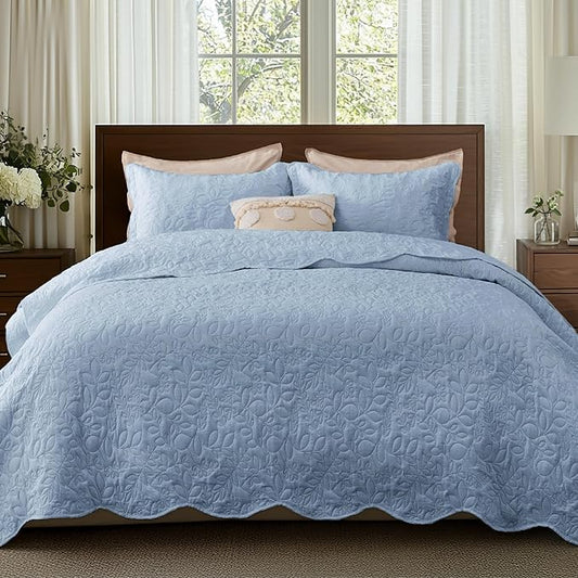 Bedsure Quilt King Size - Ultra Soft Pre-Washed Cloud-Like Bedding, All-Season Lightweight Comforter for Country Bedroom, Leaf Design Coverlet in Mineral Blue, 106 x 96 Inches | Stitch-Free Quilting, Ultra Soft, Lightweight, Machine Washable, Pet-Friendly