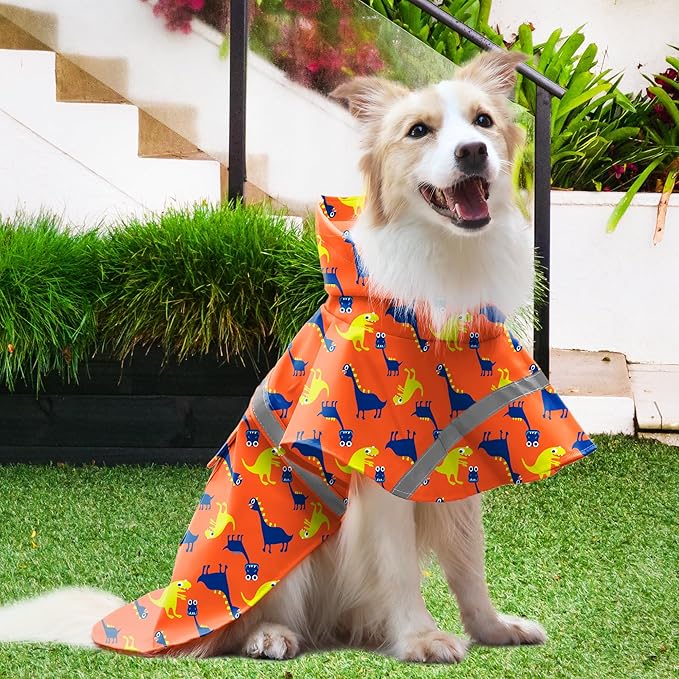 NACOCO Large Dog Raincoat Adjustable - Pet Dinosaurs Water Proof Clothes Lightweight Rain Jacket Poncho Hoodies with Strip Reflective Blue (L, Orange Dinosaur)