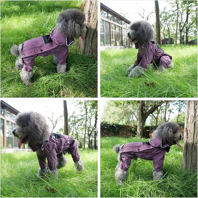 LOVELONGLONG Waterproof Dog Raincoat with Removable Hood – Outdoor Full Body Dog Jacket, Windproof Snowproof Shell Suit – All Season Pet Rain Gear Plum Purple XL