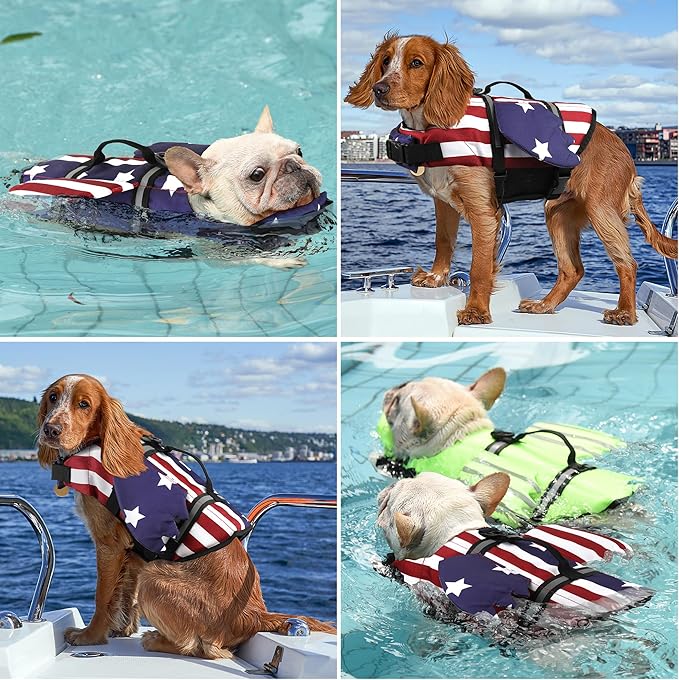 Dog Life Jacket, American Flag Wings Dog Life Vest with Chin Float Reflective Stripes and Handle, High Buoyancy Puppy Swim Floating Vest for Small Medium Large Dogs - USA Flag, XL