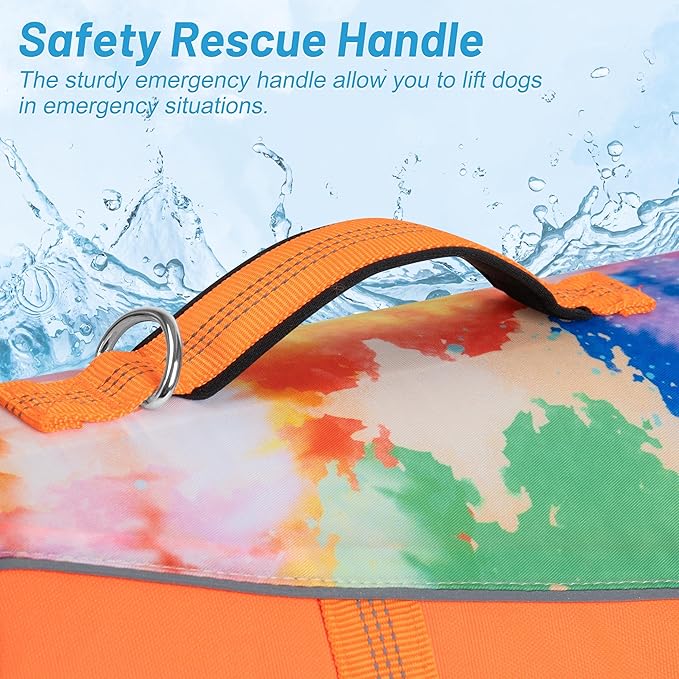 cyeollo Dog Life Jacket Ripstop Dog Life Vest, Pet Safety Vest with Rescue Hadle for Swimming Boating, Reflective Lifejackets with Front Float for Small Medium Large Dogs, Tie Dye Orange M