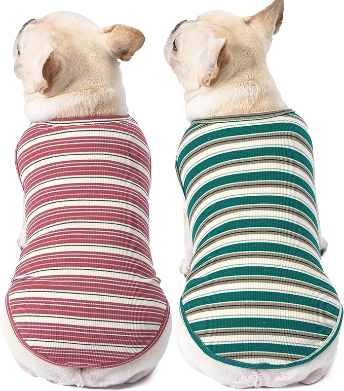 Dog Shirts Vest Cotton Striped T-Shirt, Sleeveless Stretchy Pet Clothes for Small Dogs, 2-Pack Soft Breathable Puppy Tank Top Cat Tee (Medium, Pine Green,Plum Red)
