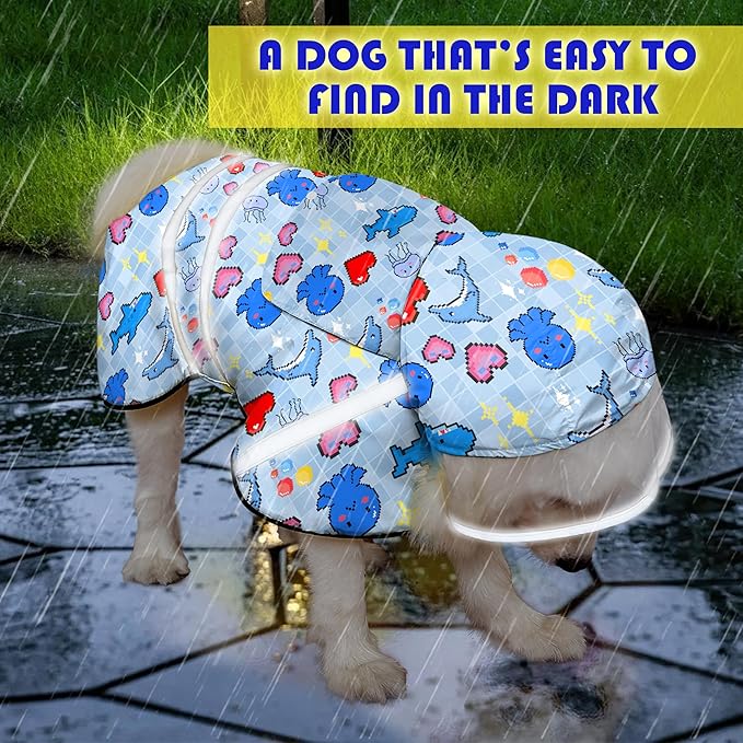 Dog Raincoat, Adjustable Rain Jacket with Hooded Double Layer for Large Medium Small Dogs Puppies, Lightweight Waterproof Rain Coat Poncho with Reflective Stripe Ocean Dolphin Blue,L
