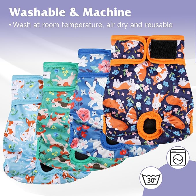 4 Pack Reusable Female Dog Diaper, Highly Absorbent Doggie Diapers for Female Dogs, Dog Diaper Small, Flowers & Dogs