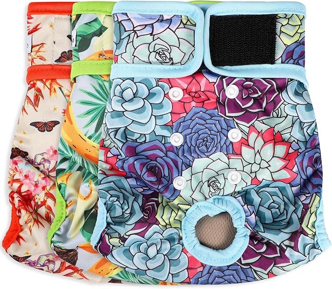 Washable Female Dog Diapers - Premium Reusable Diapers for Doggie in Heat - Highly Absorbent Dog Diapers Female for Pet Incontinence with Adjustable Snaps (Succulents，S)