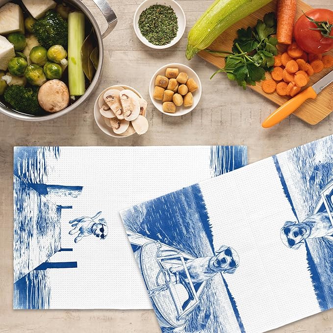 Lake House Decor Labrador Kitchen Towels Set of 2, Summer Funny Lake Dog Coastal Bathroom Hand Towel, Dog Lover Gifts Tea Towel Dish Towels 16x24 Inch