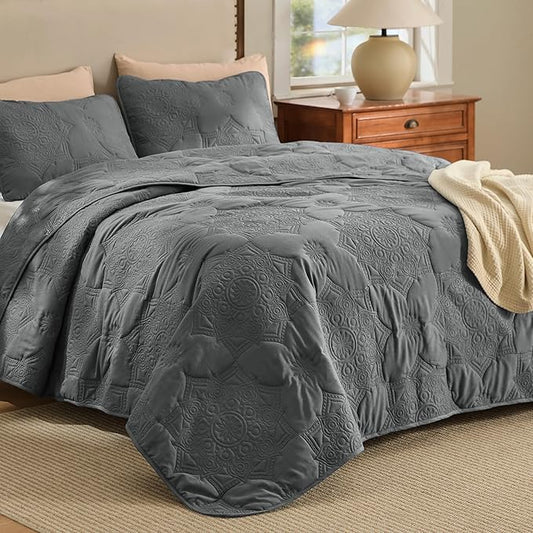 Bedsure King Size Quilt - Stitch-Free Ultrasonic Quilting, Dark Grey Bedspread with Modern Vintage Mandala Embossed Pattern, Lightweight All-Season Comforter & Coverlet, 106 x 96 Inches | Stitch-Free Quilting, Ultra Soft, Lightweight, Machine Washable,...