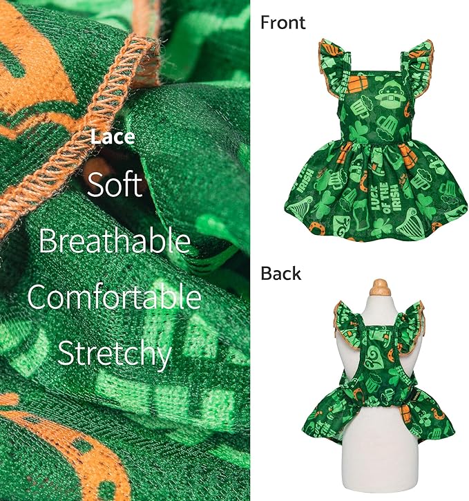 Fitwarm St Patricks Day Ruffle Dog Dress, Lucky Dog Clothes for Small Dogs Girl, Funny Pet Outfit, Green, Orange, Large