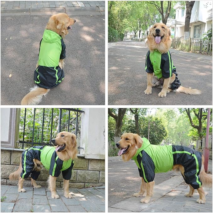 Lovelonglong Alaska Dog Hooded Raincoat, Golden Retriever Rain Jacket Poncho Waterproof Clothes with Hood Breathable 4 Feet Four Legs Rain Coats for Large Huge Dogs Green L-XL+