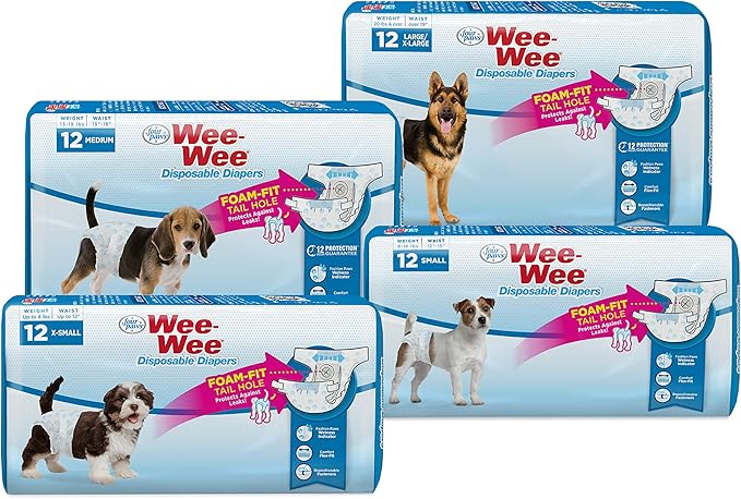Four Paws Wee-Wee Super Absorbent Disposable Adjustable Dog Potty Training Diapers, Leak-Proof Protection for Dogs, Size Medium, 15" - 18" Waist, 12 Count