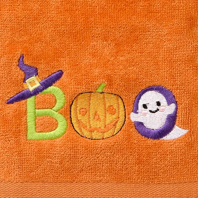 SKL Home Halloween Boo 100% Cotton Embroidered 2pc Hand Towel Set, Decorative for Bath/Kitchen/Bar & Gift, Orange