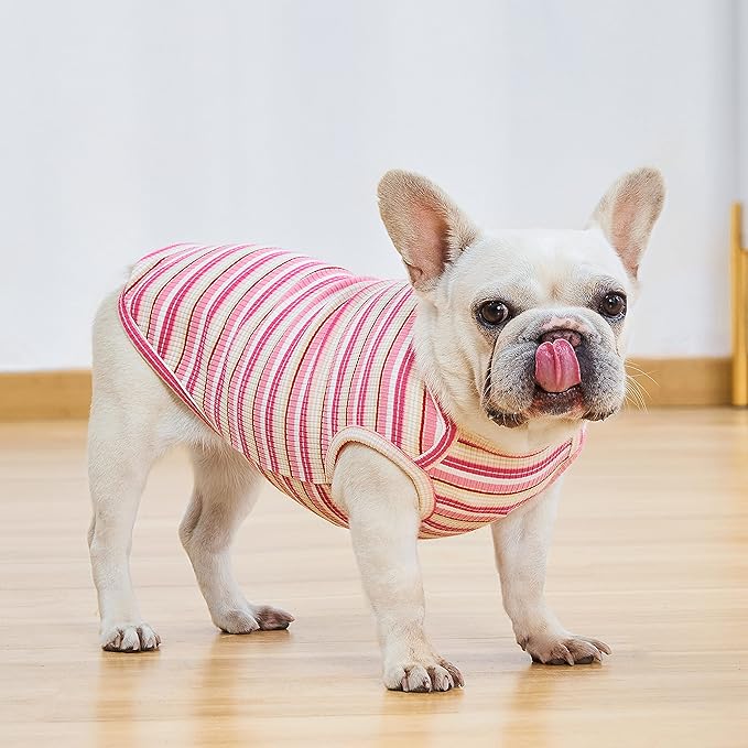 Dog Shirts Vest Cotton Striped T-Shirt, Sleeveless Stretchy Pet Clothes for Small Dogs, 2-Pack Soft Breathable Puppy Tank Top Cat Tee (Small, Pink,Rose)