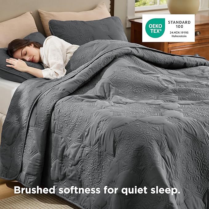 Bedsure King Size Quilt - Stitch-Free Ultrasonic Quilting, Dark Grey Bedspread with Modern Vintage Mandala Embossed Pattern, Lightweight All-Season Comforter & Coverlet, 106 x 96 Inches | Stitch-Free Quilting, Ultra Soft, Lightweight, Machine Washable,...