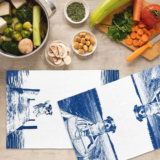 Lake House Decor Australian Shepherd Kitchen Towels Set of 2, Summer Funny Lake Dog Coastal Bathroom Hand Towel, Dog Lover Gifts Tea Towel Dish Towels 16x24 Inch