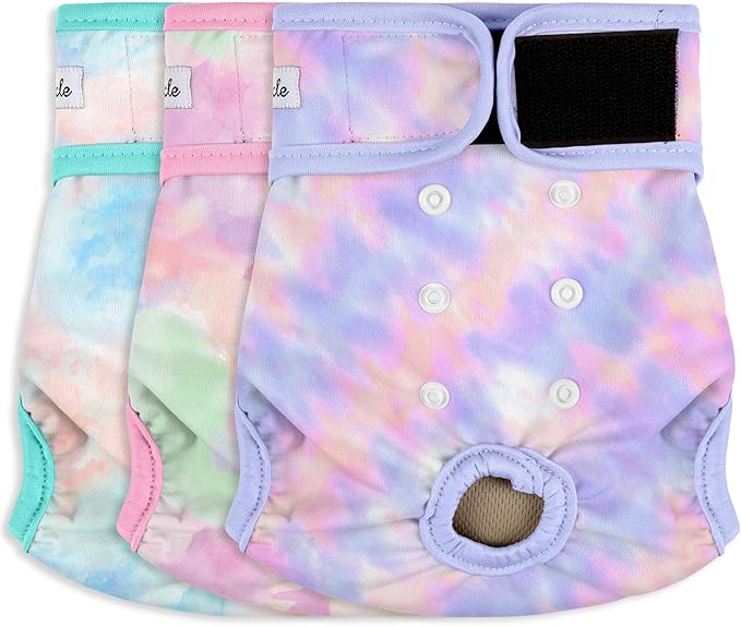 3 Pack Female Dog Diapers - Reusable Diapers for Doggie in Heat - Highly Absorbent Dog Diapers Female for Pet Incontinence with Adjustable Snaps (Tie Dye, S)