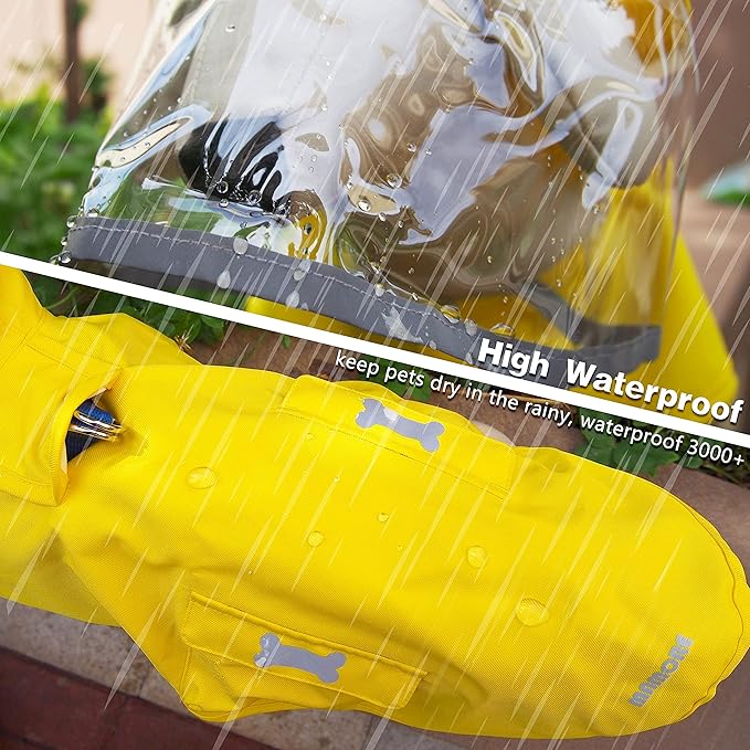 Dog Waterproof Raincoat with Poncho Hoodie, High Reflective Adjustable Yellow Pet Rain Jacket with Leash Hole for Small Medium and Large Dogs (Yellow, XXX-Large)