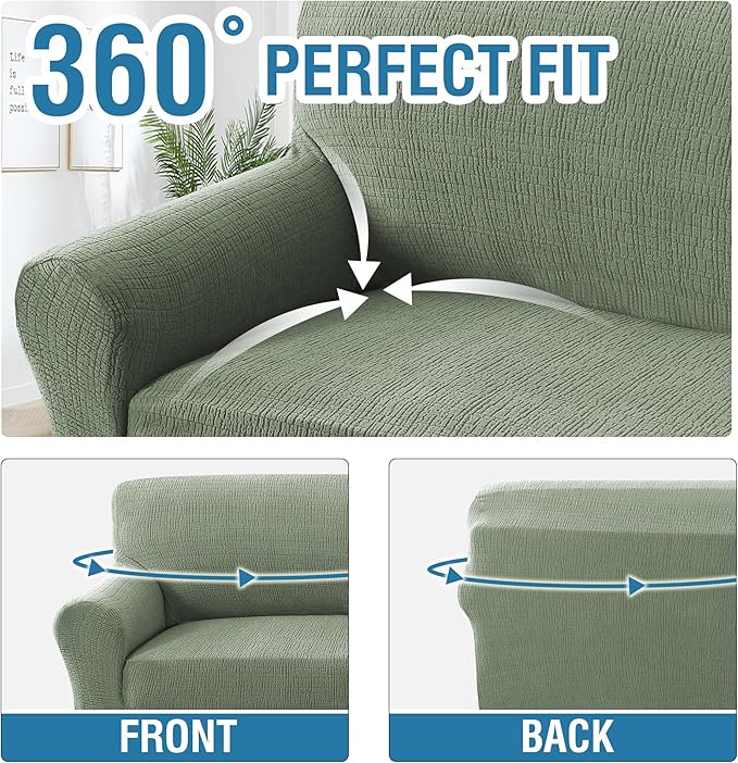 H.VERSAILTEX Stretch Sofa Slipcovers Soft Sofa Covers Washable 1 Piece Jacquard Sofa Covers with Crizzle Pattern Furniture Protector 3 Seater Sofa with Elastic Bottom for Kids,Dog(Sofa, Sea Grass)