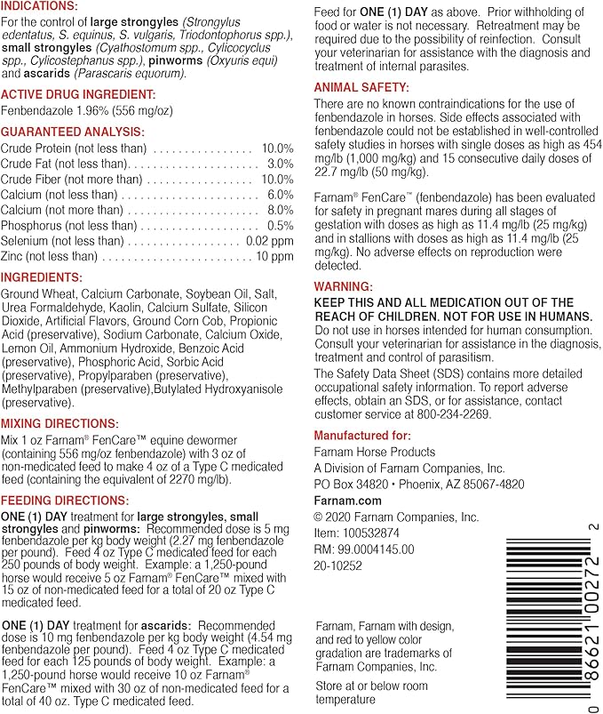 Farnam FenCare Safe-Guard (fenbendazole) 1.96% Type B Medicated Feed Equine Dewormer 5 Ounces