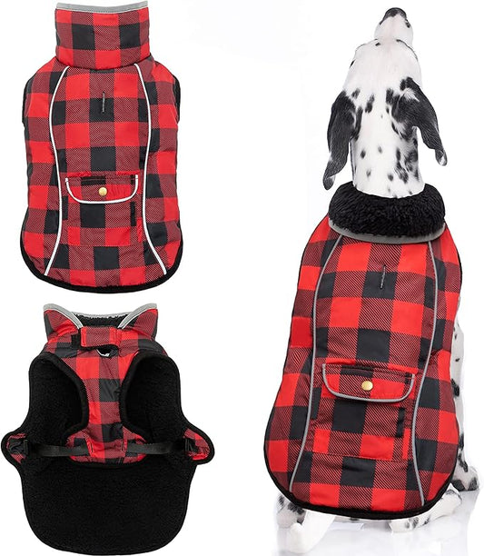 Dog Winter Coat - Warm Dog Clothes for Rain Snow Wind Cold Weather - Reflective Plaid Adjustable Windproof Pet Vest Jacket with Leash Hole for Small Medium Large Dogs Indoor Outdoor