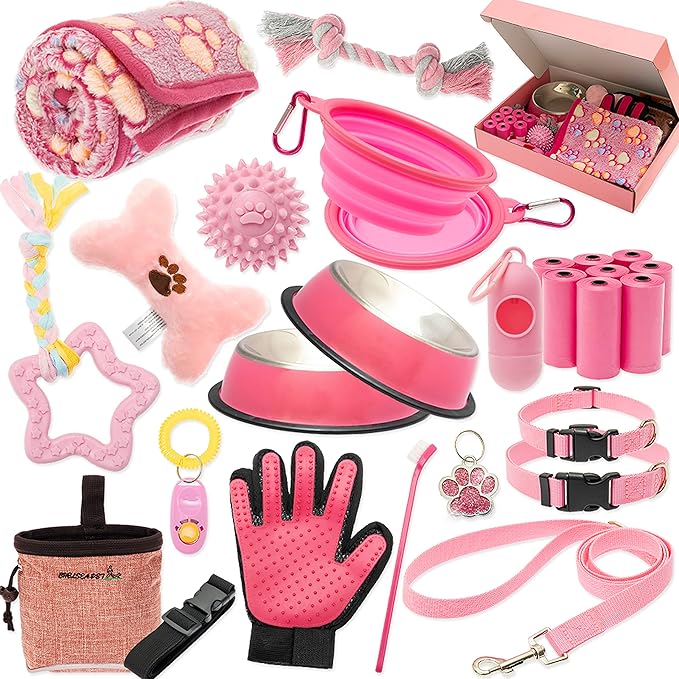FLYSTAR Puppy Starter Kit for Small Dogs, 26 pcs Dog Supplies, Dog Toys, Collar & Leash, Training Clicker, Treat Bag, Poop Waste Bag with Dispenser, Blanket, Grooming Glove, Bowls, Toothbrush, etc