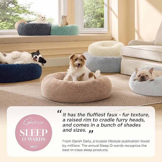 Bedsure Calming Cat Beds for Indoor Cats - Small Cat Bed Washable 20 inches, Anti-Slip Round Fluffy Plush Faux Fur Pet Bed, Fits up to 15 lbs Pets, Camel