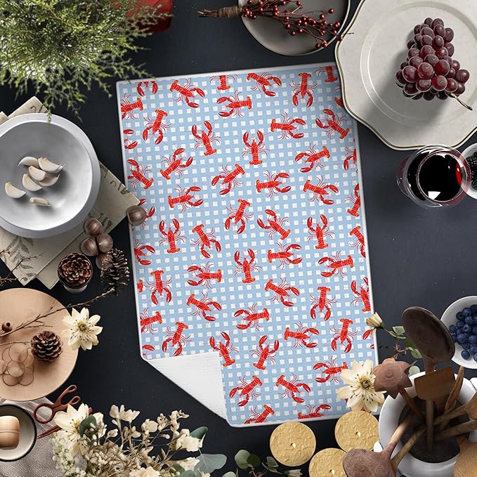 Blue White Checkered Lobster Beach Kitchen Towels, Ocean Crawfish Dish Tea Towels for Kitchen, Coastal Nautical Hand Towels for Bathroom, Seafood Boil Party Supplies, 16x24 Inch