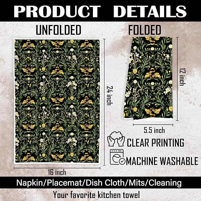 Vintage Moody Floral Bumble Bee Kitchen Towels, Dark Cottagecore Botanical Bee Dish Tea Towels for Kitchen Decor, Dark Academia Green Plant Hand Towels for Bathroom Decor, 16x24 Inch Set of 2