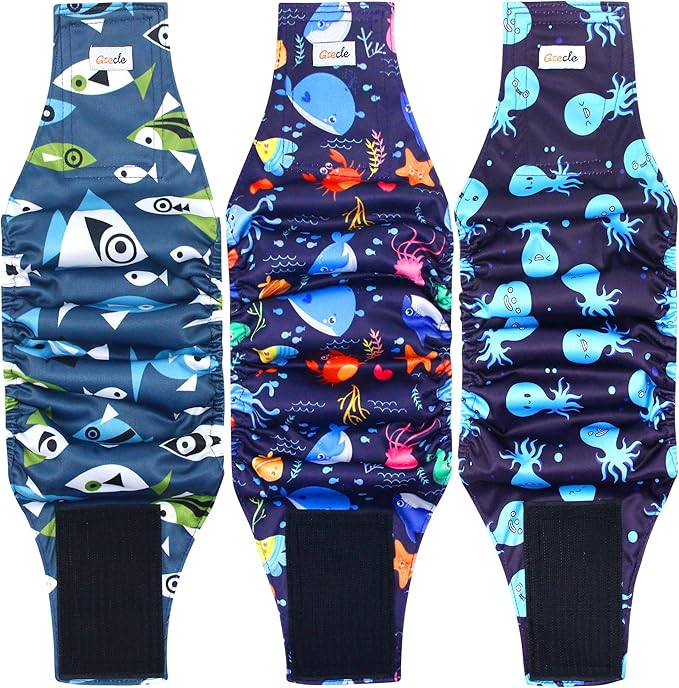 Reusable Dog Diapers Male 3Pcs, Premium Washable Belly Bands for Male Dog XSmall, High Absorbing Male Dog Wraps for Doggie Puppy in Incontinence, Excitable Urination and Training(Seafloor,XS)