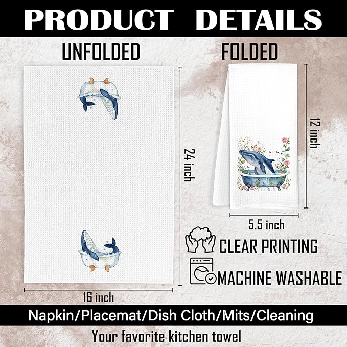 Coastal Beach Whale Kids Bathroom Hand Towels, Kids Bathroom Decor, Ocean Humpback Whale Hand Towels for Bath Room Washroom Restroom Decor, 16x24 Inch Set of 2