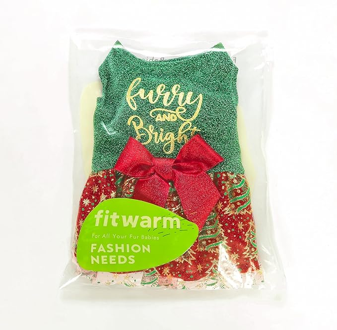 Fitwarm Furry and Bright Dog Christmas Outfit, Sparkly Pet Holiday Tulle Dress, Dog Winter Clothes for Small Dogs Girl, Dog Christmas Tree Outfit, Red, Green, Golden, XXS