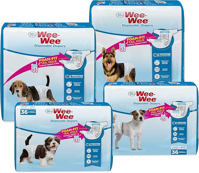 Four Paws Wee-Wee Super Absorbent Disposable Adjustable Dog Potty Training Diapers, Leak-Proof Protection for Dogs, Size Large, Over 19" Waist, 36 Count