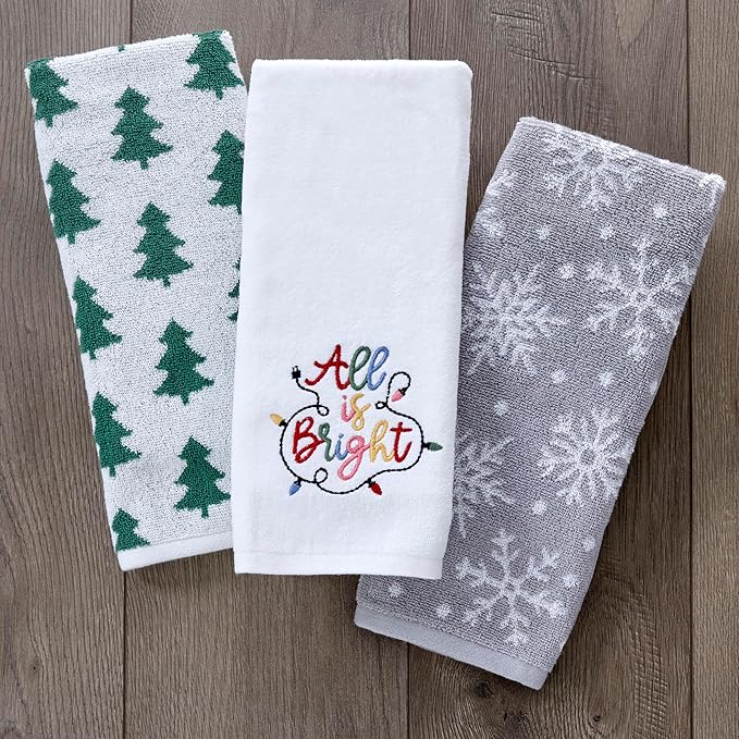 SKL Home Christmas/Winter All is Bright Hand Towel 2pc Set for Bath/Kitchen/Bar & Gift, Optic White