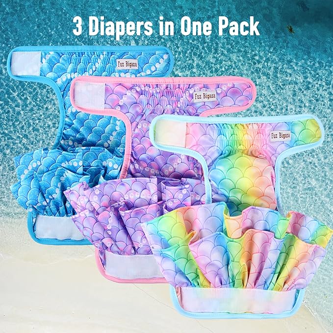 Dog Diapers Female (3 Pack), Reusable Pet Diapers for Female Dogs, Washable Dog Panties Diaper Skirt for Dogs in Heat, Period, Incontinence, or Excitable Urination(Small, Mermaid)